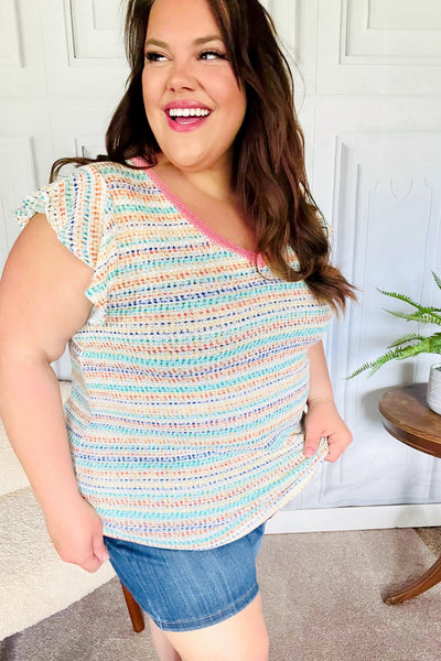 Sunny Days Coral Two Tone Striped Textured Knit V Neck Top - Online Only!