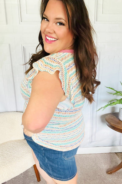 Sunny Days Coral Two Tone Striped Textured Knit V Neck Top - Online Only!