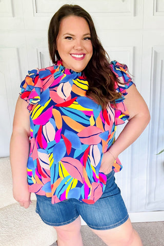 Tropical Vibes Blue & Pink Mock Neck Flutter Sleeve Top - Online Only!