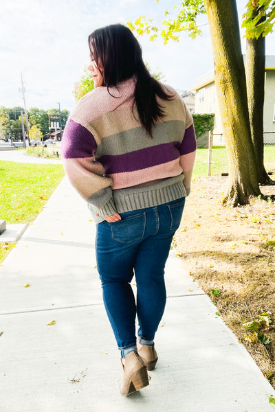 Fall For You Mauve Multicolor Stripe Cable Knit Mock Neck Sweater - Online Only!