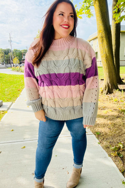Fall For You Mauve Multicolor Stripe Cable Knit Mock Neck Sweater - Online Only!
