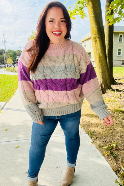 Fall For You Mauve Multicolor Stripe Cable Knit Mock Neck Sweater - Online Only!