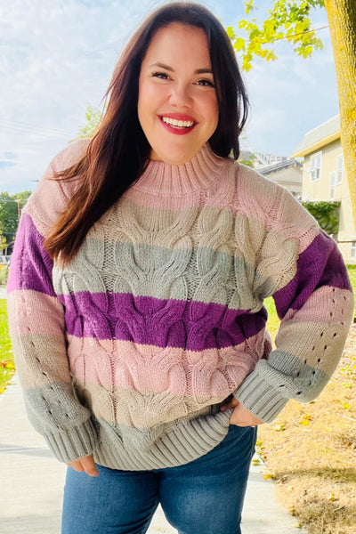 Fall For You Mauve Multicolor Stripe Cable Knit Mock Neck Sweater - Online Only!