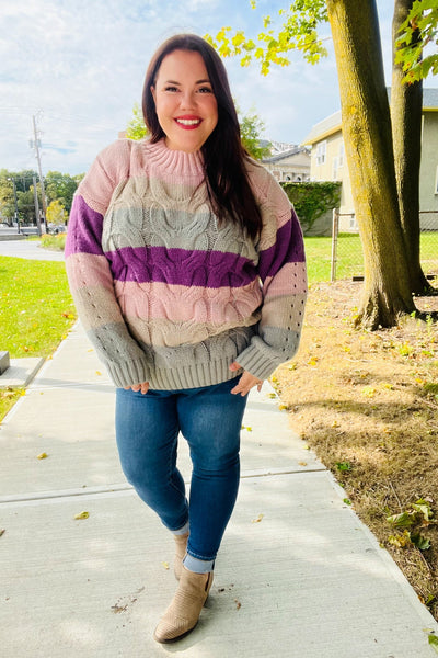 Fall For You Mauve Multicolor Stripe Cable Knit Mock Neck Sweater - Online Only!