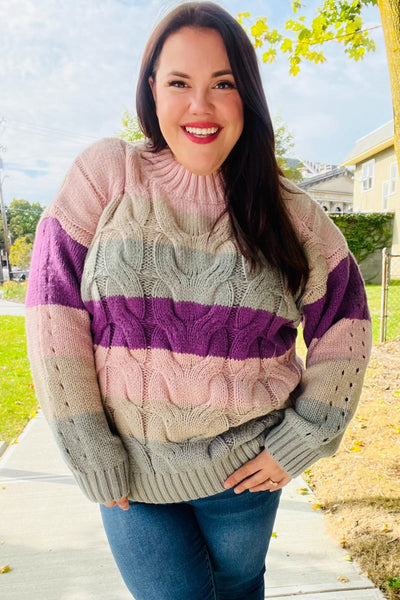 Fall For You Mauve Multicolor Stripe Cable Knit Mock Neck Sweater - Online Only!