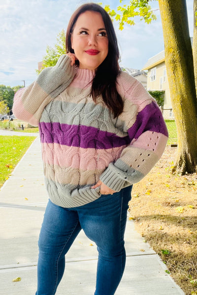 Fall For You Mauve Multicolor Stripe Cable Knit Mock Neck Sweater - Online Only!