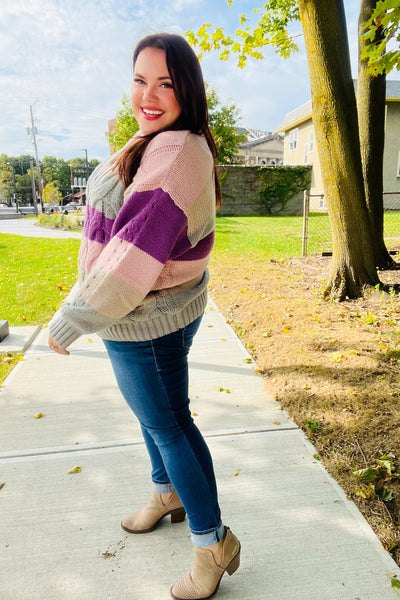 Fall For You Mauve Multicolor Stripe Cable Knit Mock Neck Sweater - Online Only!