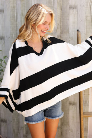 The Traveler Black/White Stripe Dolman Notch Neck Sweater Poncho - Online Only!