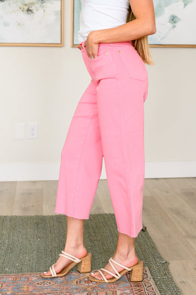 Judy Blue High Rise Control Top Wide Leg Crop Jeans in Pink - Online Only!