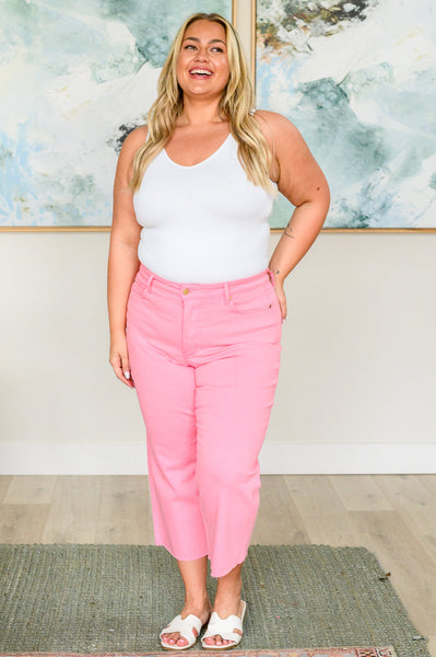 Judy Blue High Rise Control Top Wide Leg Crop Jeans in Pink - Online Only!