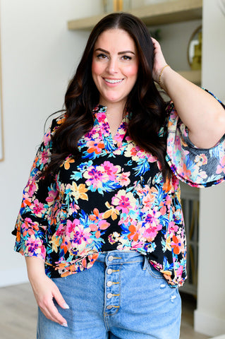 Black and Teal Tropical Floral Bell Sleeve Top - Online Only!