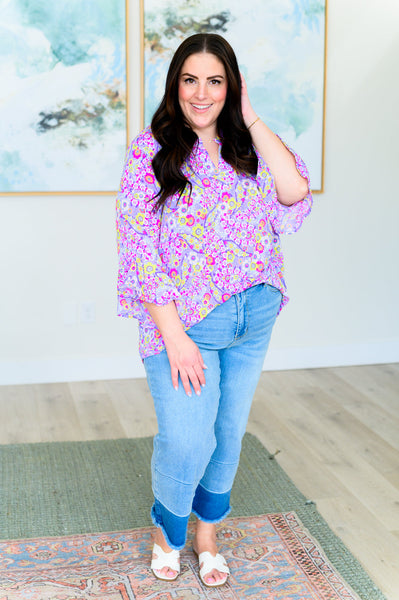 Lavender Retro Ditsy Floral Bell Sleeve Top - Online Only!
