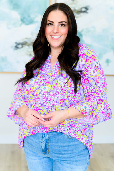 Lavender Retro Ditsy Floral Bell Sleeve Top - Online Only!