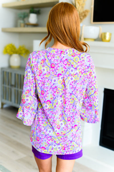 Lavender Retro Ditsy Floral Bell Sleeve Top - Online Only!