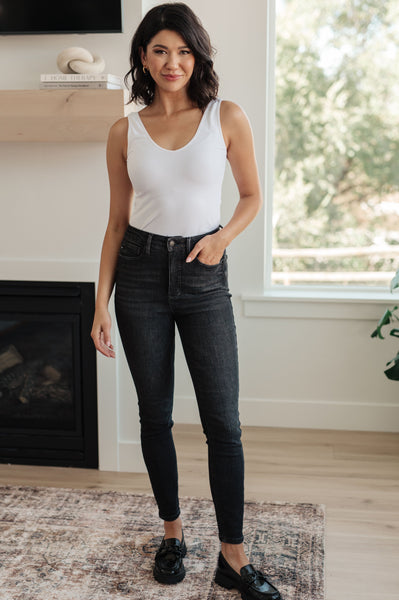 Judy Blue High Rise Control Top Skinny Jeans in Washed Black - Online Only!