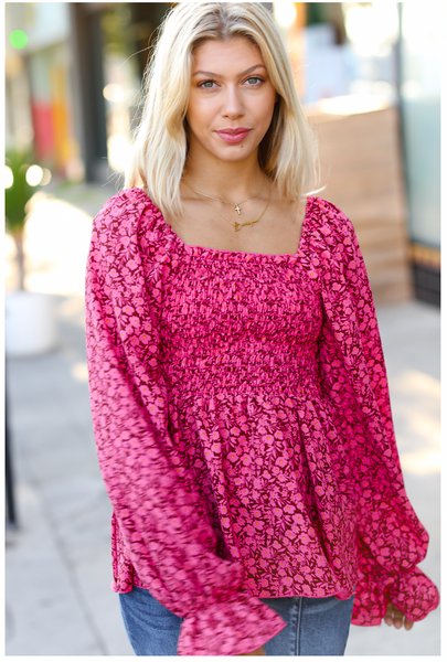 Always With You Fuchsia Smocked Ditzy Floral Ruffle Top - Online Only!