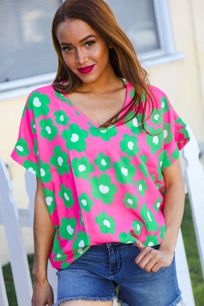 Spring Vibes Pink & Green Flower Print V Neck Short Sleeve Top - Online Only!