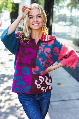 Feeling Your Best Wine Abstract Print Color Block Collar V Neck Sweater - Online Only!