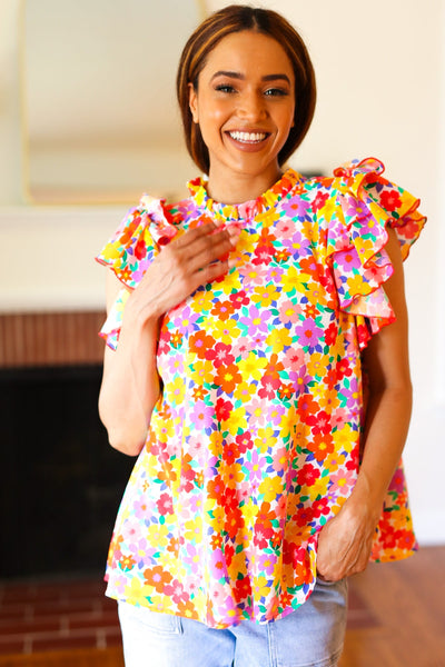 Flower Power Ivory & Red Floral Mock Neck Flutter Sleeve Top - Online Only!