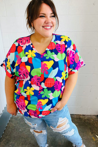 Time For Sun Navy Multicolor Tropical Print V Neck Top - Online Only!