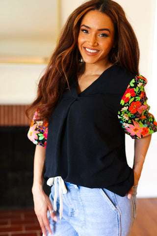 Eyes On You Black Floral Puff Sleeve V Neck Top - Online Only!
