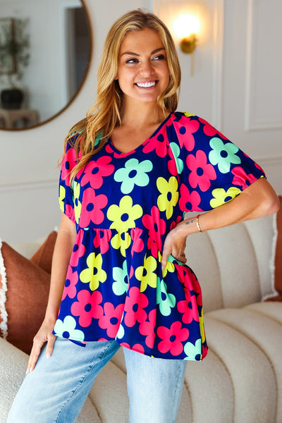 Navy Flat Floral Bubble Sleeve Babydoll Raglan Top - Online Only!