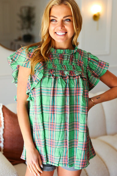 Green Plaid Shirred Yoke Flutter Sleeve Top - Online Only!