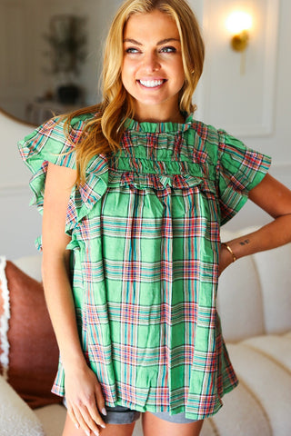 Green Plaid Shirred Yoke Flutter Sleeve Top - Online Only!