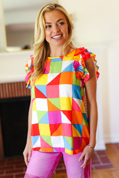You Got This Red Geometric Print Double Ruffle Sleeve Top - Online Only!