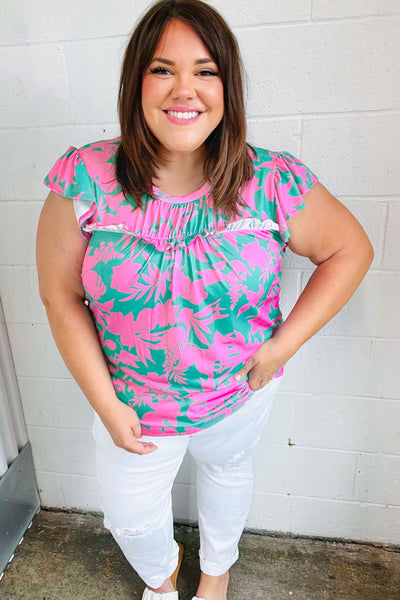 Pink & Green Floral Print Frilled Short Sleeve Yoke Top - Online Only!