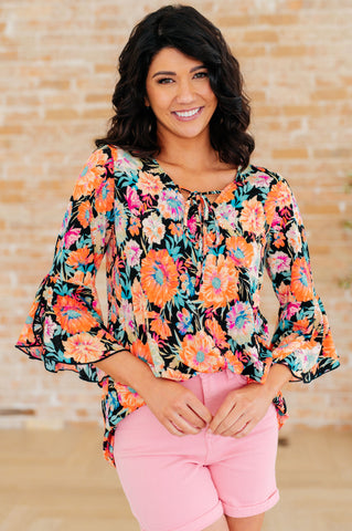 Black and Persimmon Floral Bell Sleeve Top - Online Only!