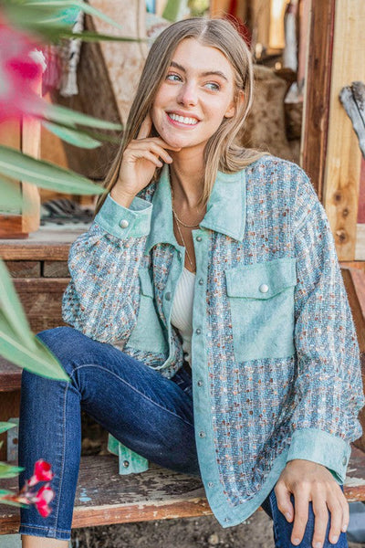 Put Together Turquoise Twill Banded Snap Button Jacket - Online Only!