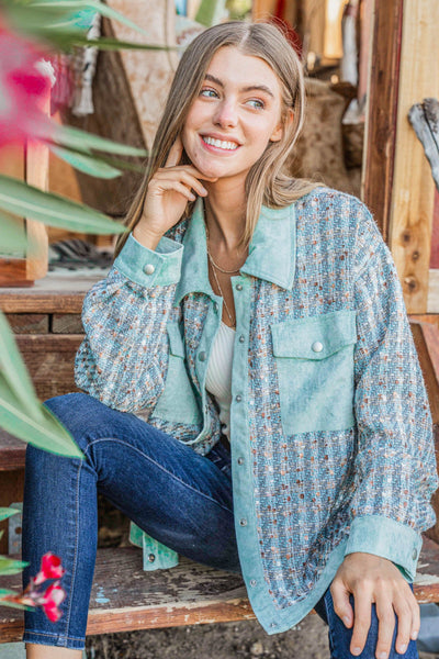 Put Together Turquoise Twill Banded Snap Button Jacket - Online Only!