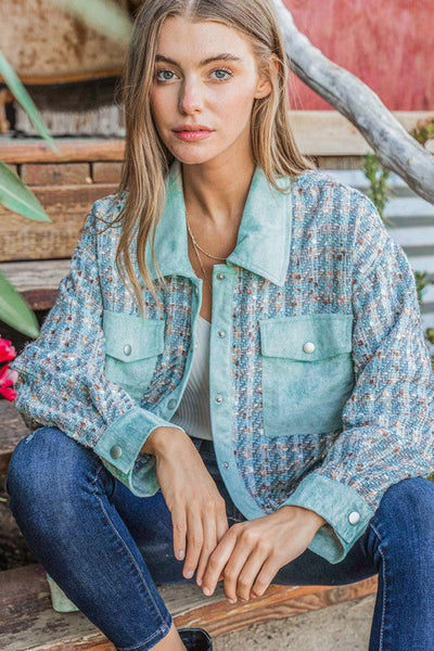 Put Together Turquoise Twill Banded Snap Button Jacket - Online Only!