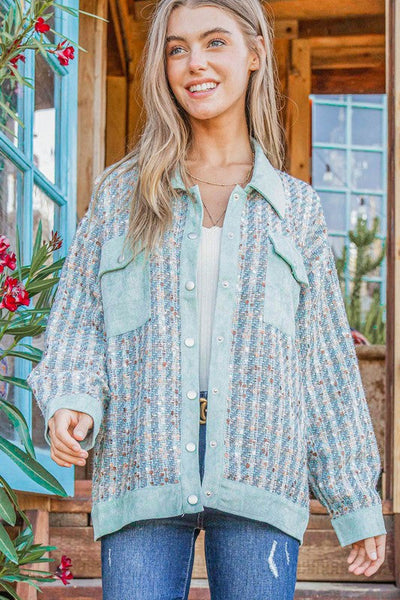 Put Together Turquoise Twill Banded Snap Button Jacket - Online Only!