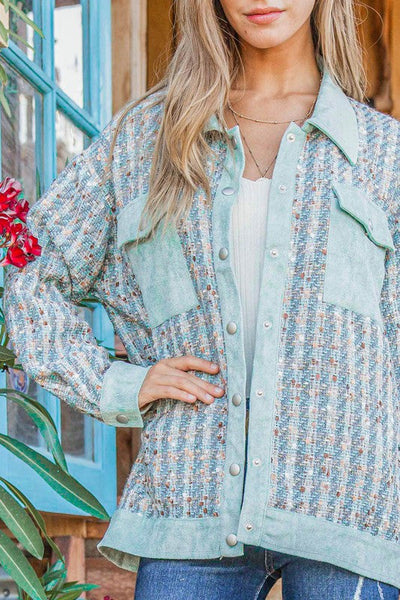 Put Together Turquoise Twill Banded Snap Button Jacket - Online Only!