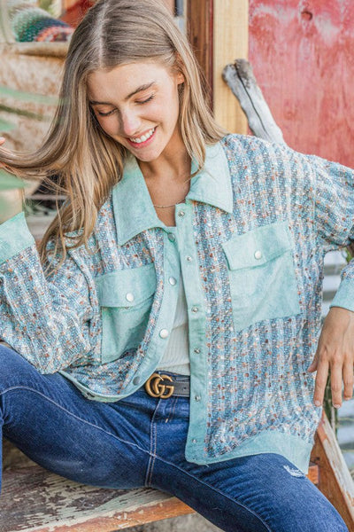 Put Together Turquoise Twill Banded Snap Button Jacket - Online Only!