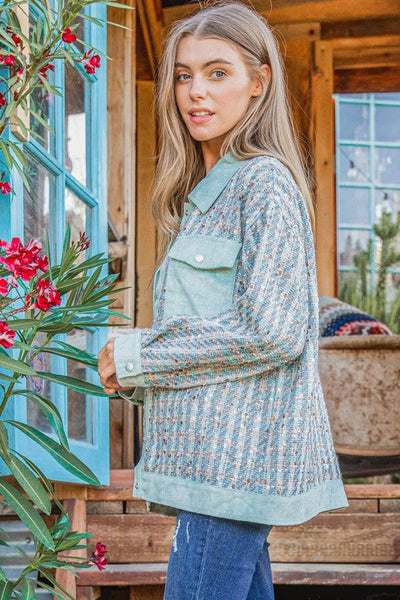 Put Together Turquoise Twill Banded Snap Button Jacket - Online Only!