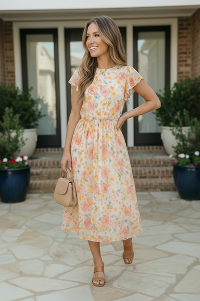Watercolor Floral Flutter Sleeve Midi Dress