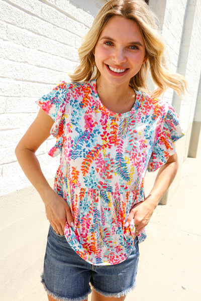 Ivory Floral Leaf Print Short Sleeve Babydoll Top - Online Only!