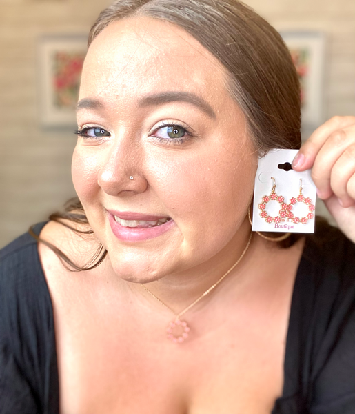 Pink Flower Circle Earrings