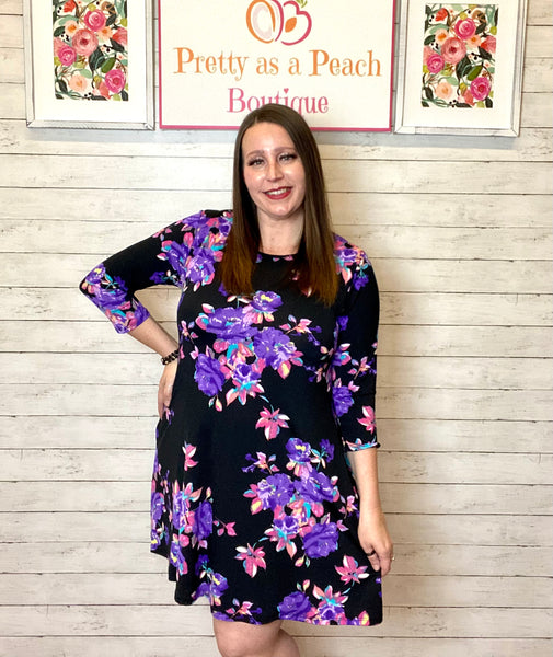 Black & Purple Floral Print Pocket Dress