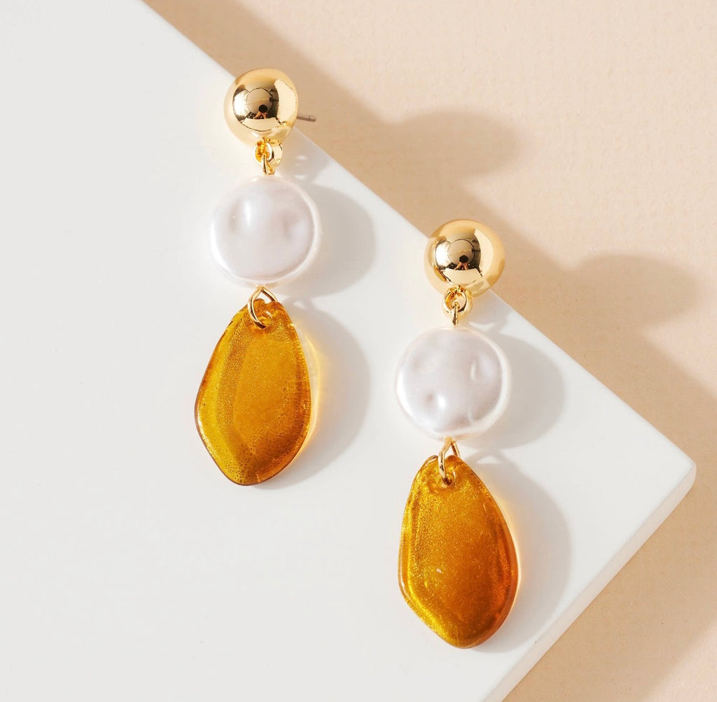 Mustard Acetate Pearl Dangle Earrings