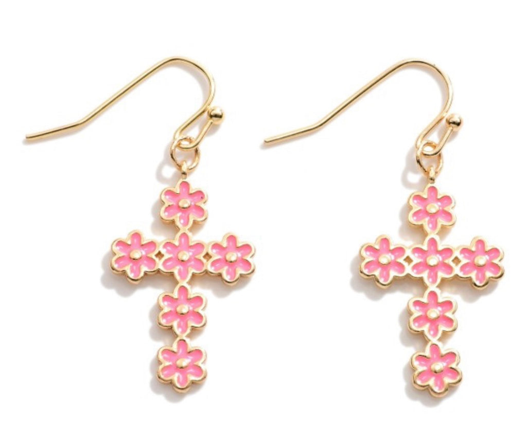 Pink Flower Cross Earrings