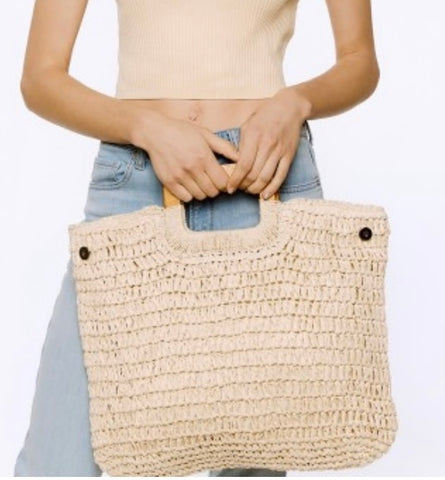 Beige Straw Hobo Tote Bag