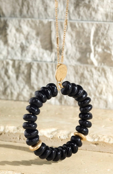 Black Beaded Circular Pendant Necklace