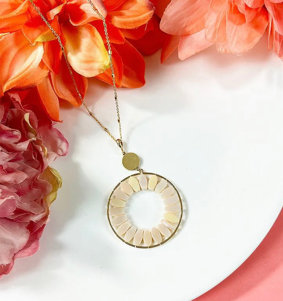 Beige Circular Beaded Gold Necklace