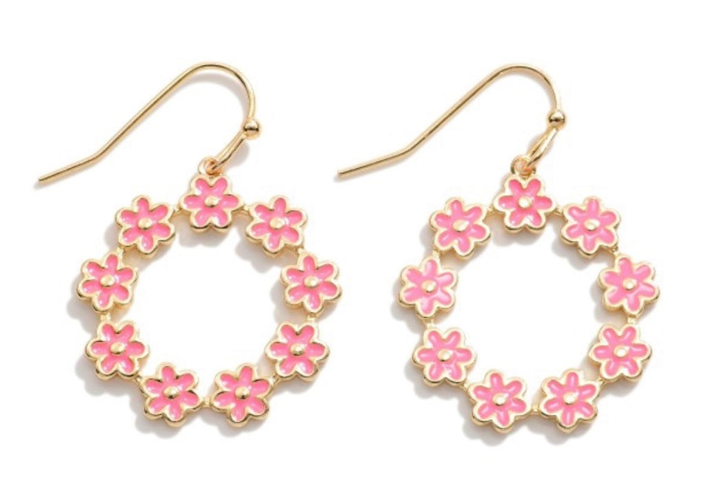 Pink Flower Circle Earrings
