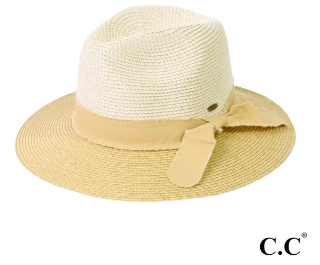 CC Ivory & Natural Panama Hat With Frayed Bow