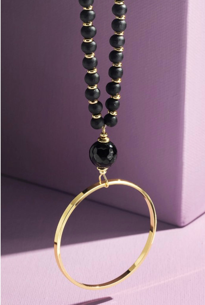 Gold & Black Beaded Circle Pendant Necklace